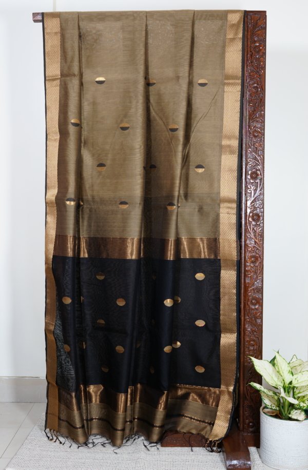 Bronze-Gold and Black Maheshwari with Coin Butti Saree
