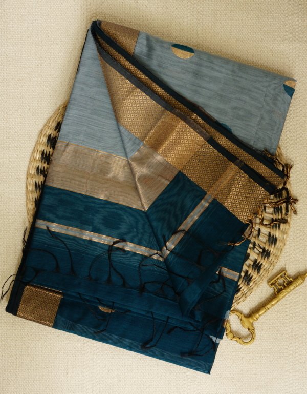 Teal and Grey Maheshwari with Coin Butti Saree - Image 6