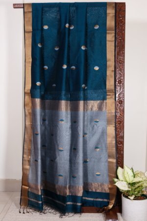Teal and Grey Maheshwari with Coin Butti Saree