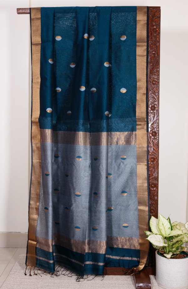 Teal and Grey Maheshwari with Coin Butti Saree