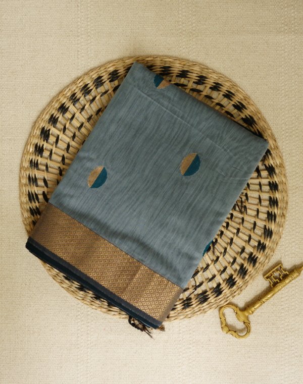 Teal and Grey Maheshwari with Coin Butti Saree - Image 2