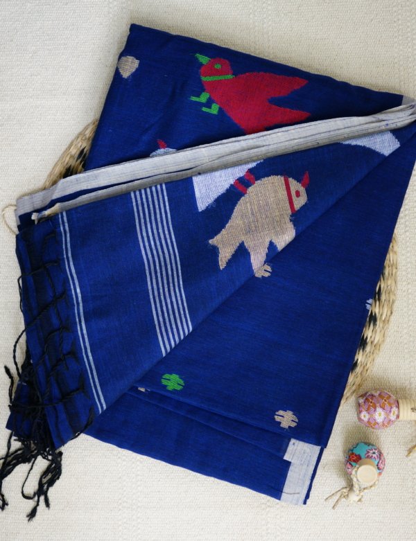 Indigo Jamdani Parrot Pallu Handloom Saree - Image 2