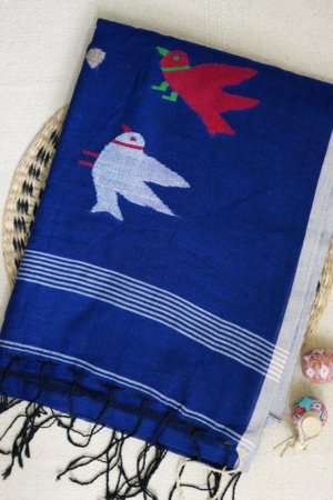 Indigo Jamdani Parrot Pallu Handloom Saree