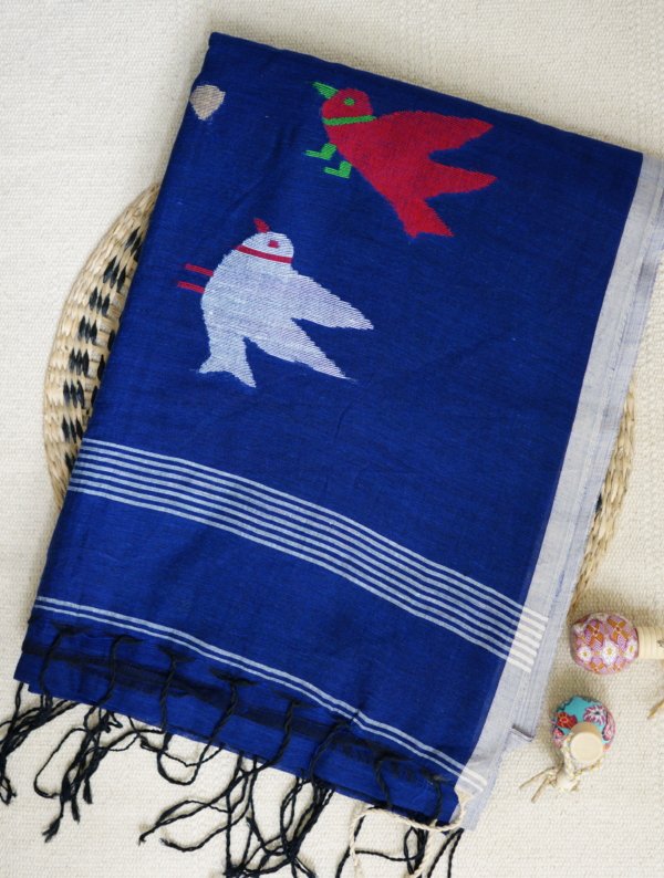 Indigo Jamdani Parrot Pallu Handloom Saree