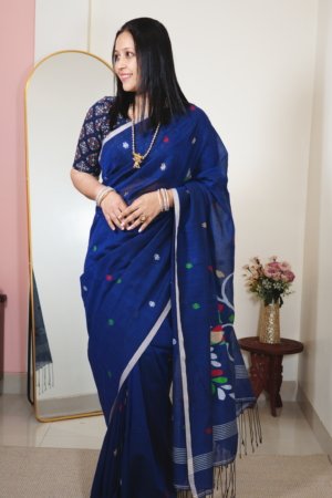 Indigo Jamdani Peacock Pallu Handloom Saree