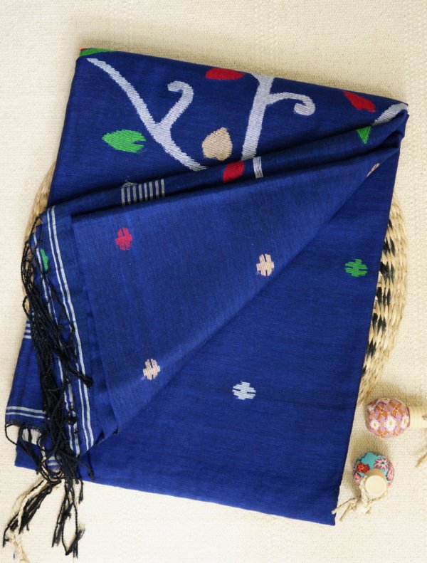 Indigo Jamdani Peacock Pallu Handloom Saree - Image 5
