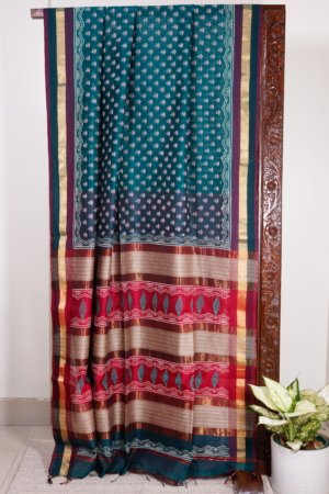 Deep Teal Maheshwari Handblock Saree