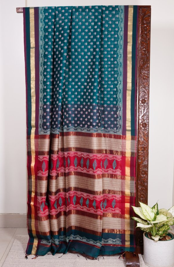 Deep Teal Maheshwari Handblock Saree