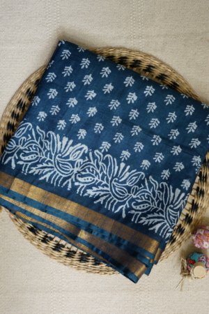Indigo katan Slub Floral Pattern Saree