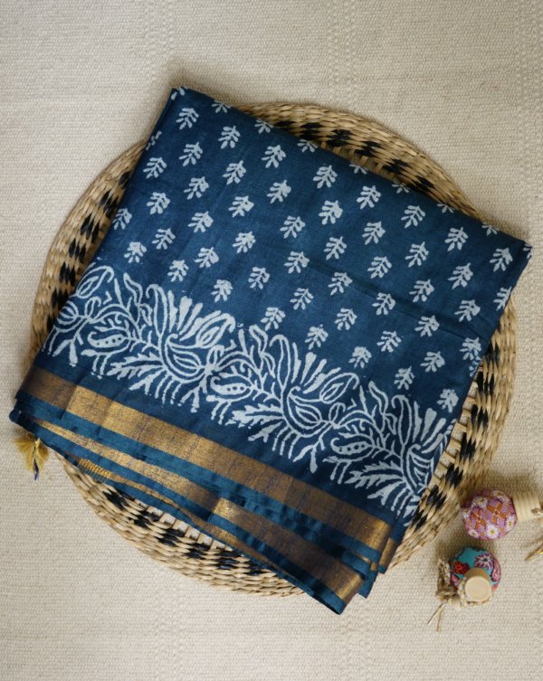 Indigo katan Slub Floral Pattern Saree