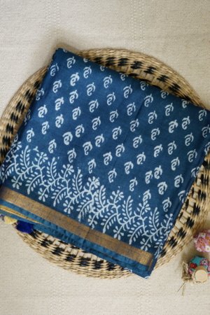 Indigo katan Slub Leaf Pattern Saree