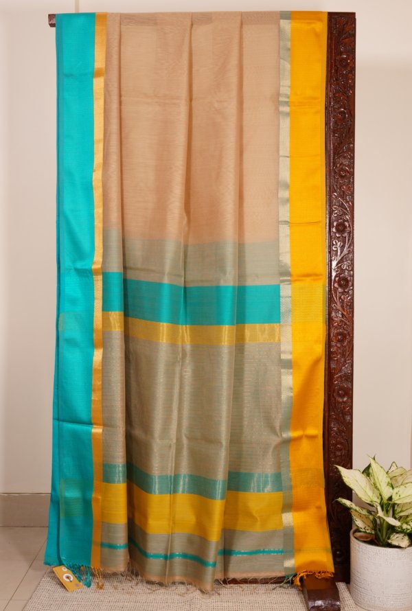 Beige Maheshwari Ganga Jamuna Border Saree