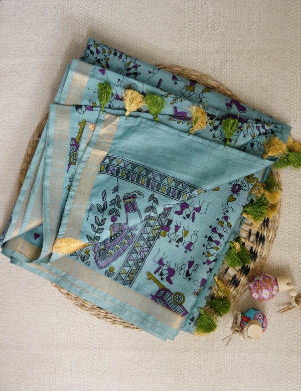Blue Handblock Print Cotton Silk Saree - Image 2
