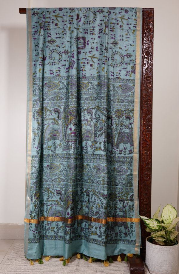 Blue Handblock Print Cotton Silk Saree - Image 3