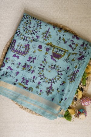 Blue Handblock Print Cotton Silk Saree