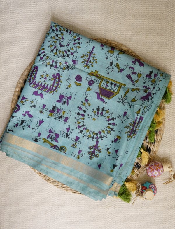 Blue Handblock Print Cotton Silk Saree