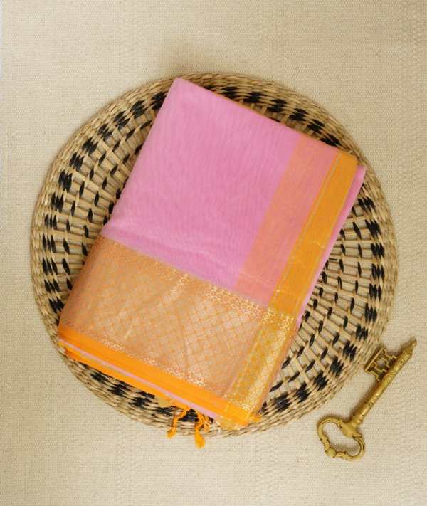 Light Pink Maheshwari Golden Border Saree - Image 2