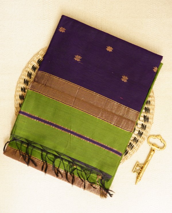 Lime Green Maheshwari Thin Zari Border with Butti Saree - Image 2