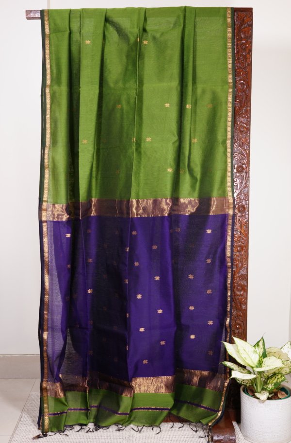 Lime Green Maheshwari Thin Zari Border with Butti Saree