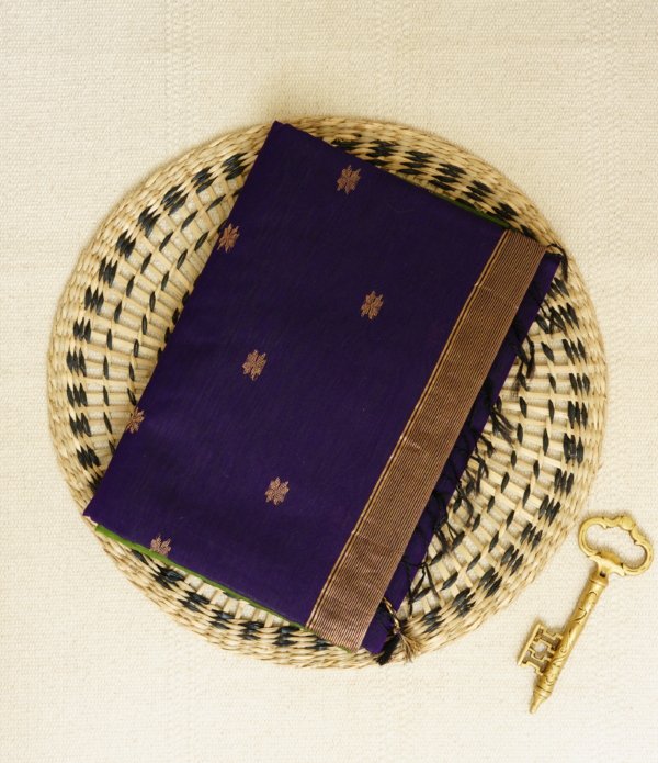 Lime Green Maheshwari Thin Zari Border with Butti Saree - Image 3