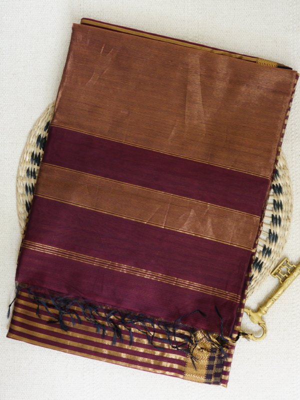 Maroon Golden Tissue Lining Maheshwari Saree - Image 3