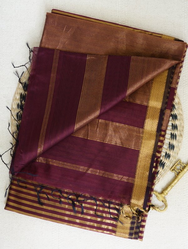 Maroon Golden Tissue Lining Maheshwari Saree - Image 4