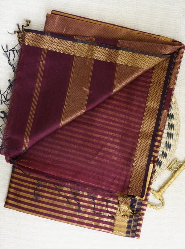 Maroon Golden Tissue Lining Maheshwari Saree - Image 5