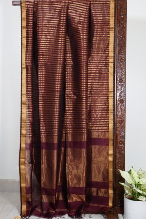 Maroon Golden Tissue Lining Maheshwari Saree