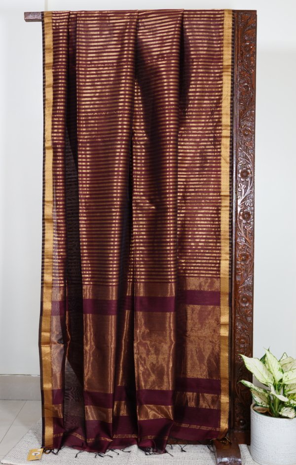 Maroon Golden Tissue Lining Maheshwari Saree