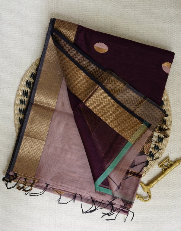 Dusty Rose and Maroon Maheshwari with Coin Butti Saree - Image 4