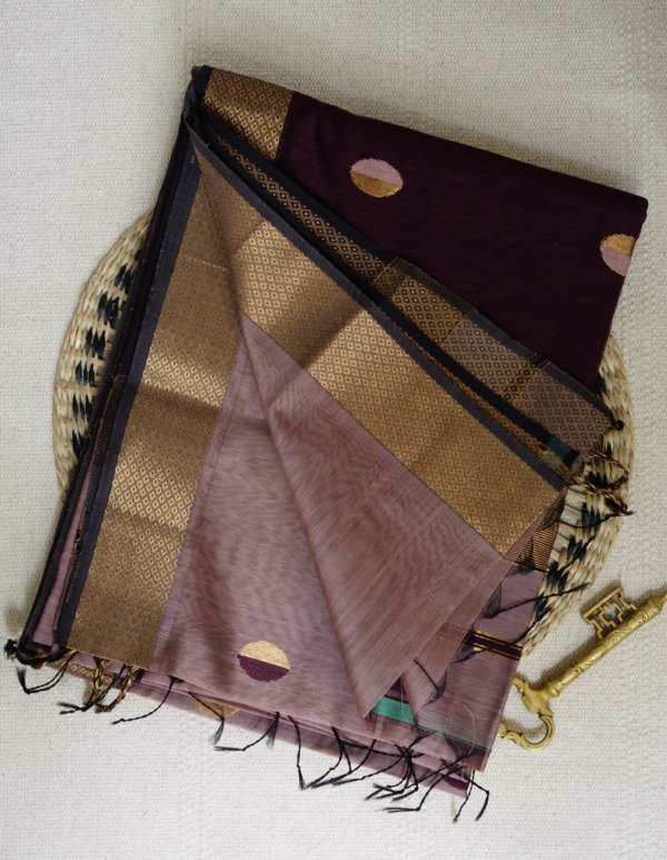 Dusty Rose and Maroon Maheshwari with Coin Butti Saree - Image 6