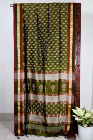 Olive Green Maheshwari Handblock Saree