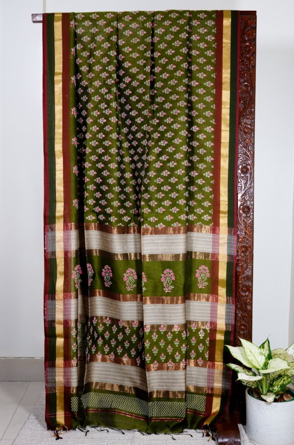 Olive Green Maheshwari Handblock Saree