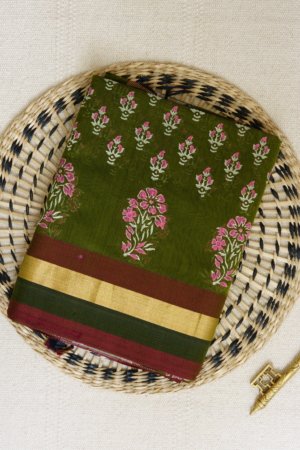 Alternative view of Olive Green Maheshwari Handblock Saree