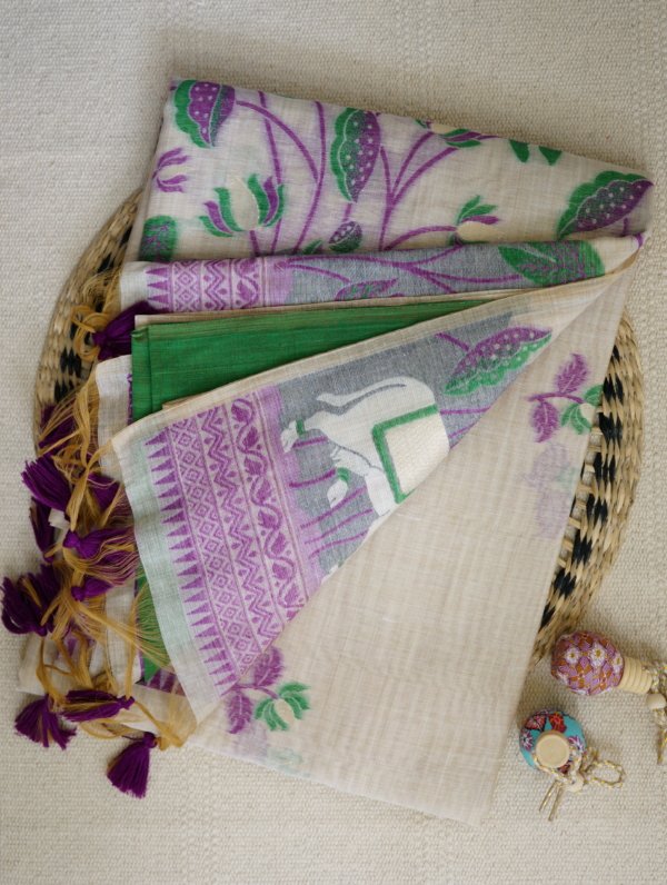 Pearl White Muga Cotton Saree - Image 2