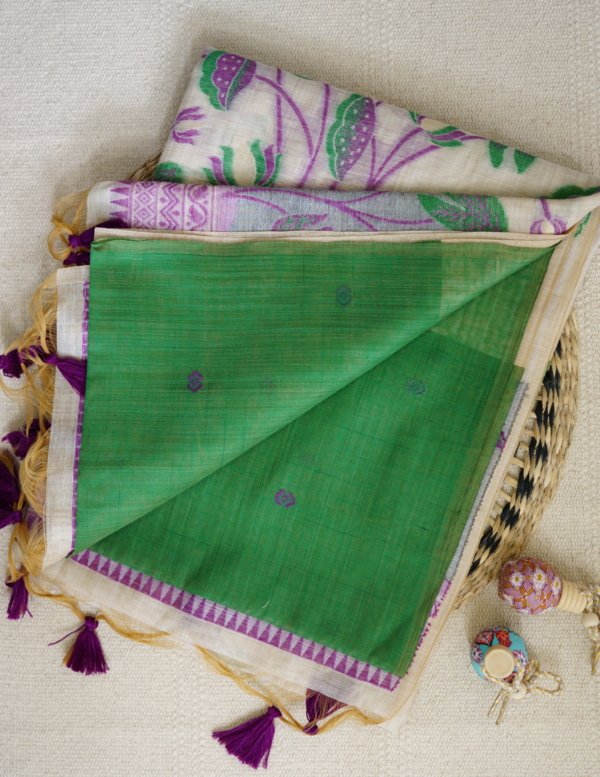 Pearl White Muga Cotton Saree - Image 4