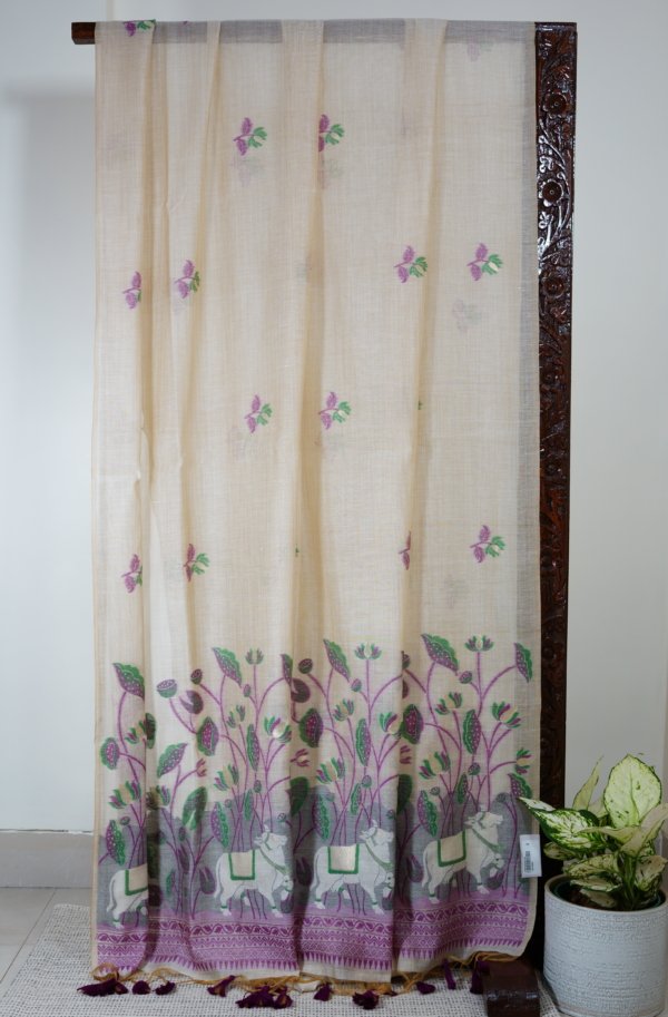 Pearl White Muga Cotton Saree - Image 3