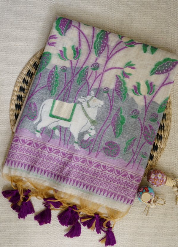 Pearl White Muga Cotton Saree
