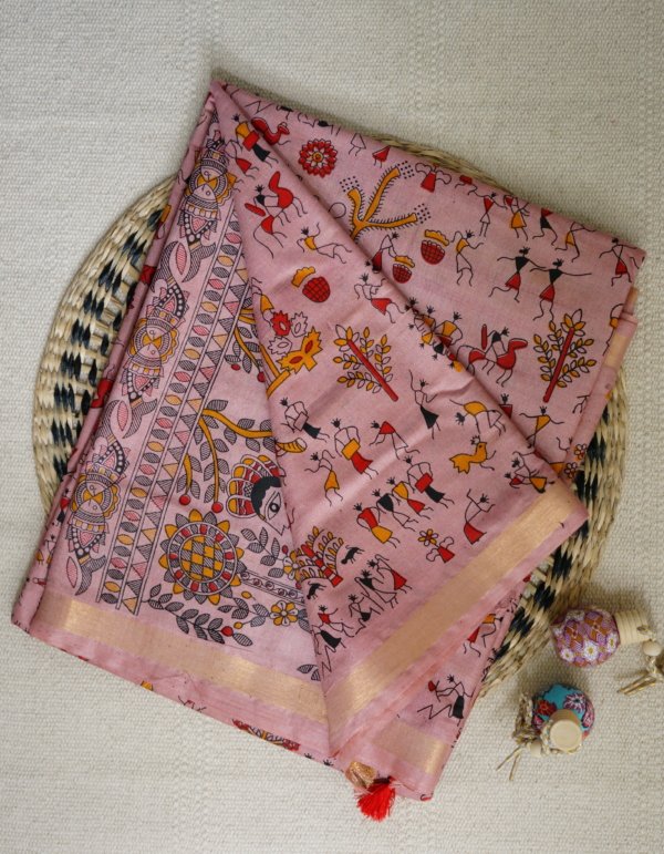 Pink Handblock Print Cotton Silk Saree - Image 2