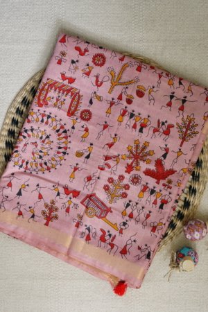 Pink Handblock Print Cotton Silk Saree