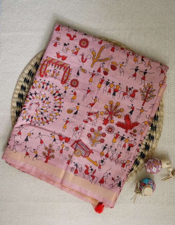 Pink Handblock Print Cotton Silk Saree
