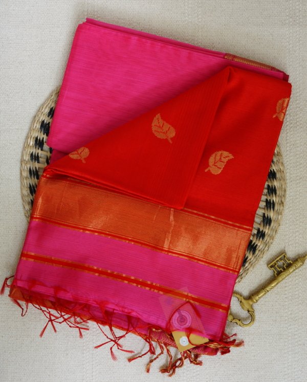 Rani Pink Maheshwari with Leaf Butta Saree - Image 4