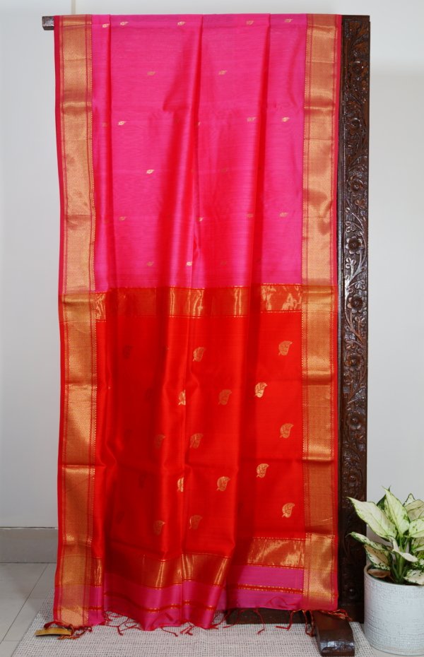 Rani Pink Maheshwari with Leaf Butta Saree