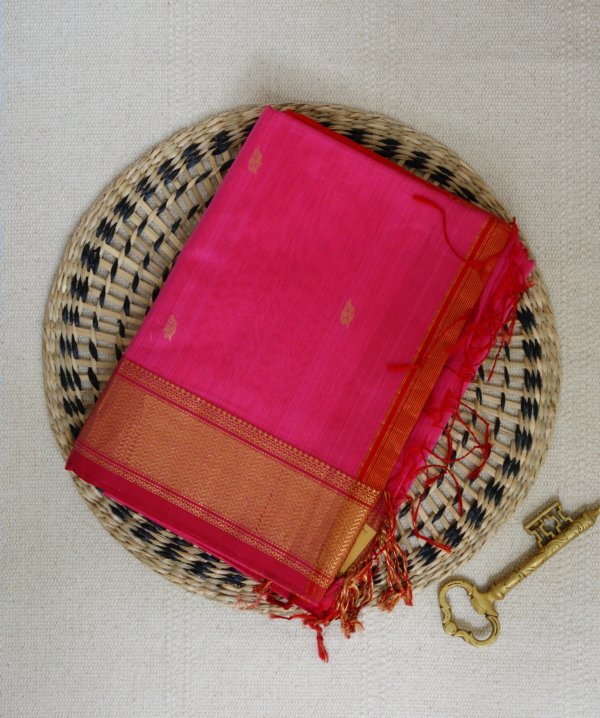 Rani Pink Maheshwari with Leaf Butta Saree - Image 2