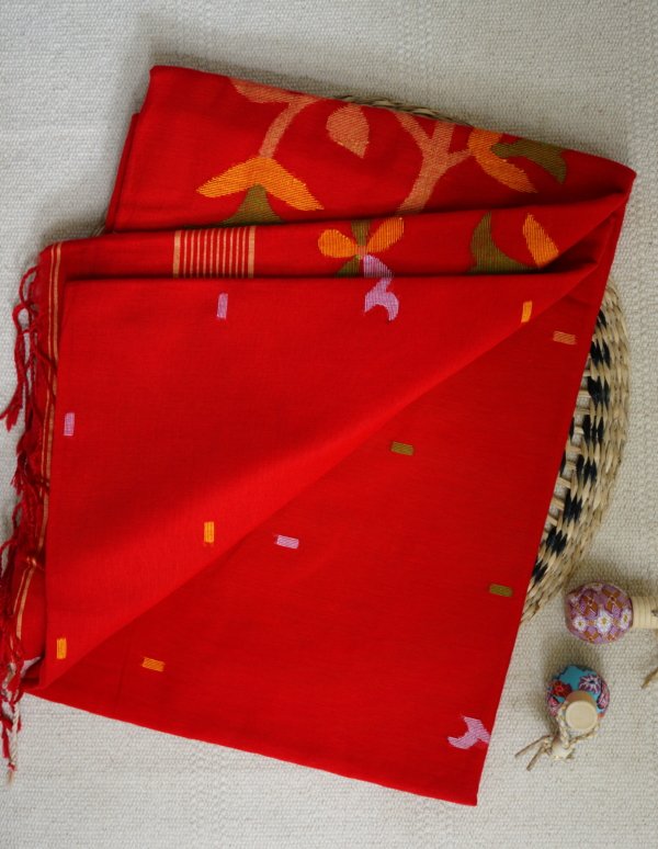 Red Jamdani Handloom Saree - Image 3