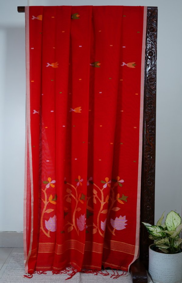 Red Jamdani Handloom Saree - Image 4