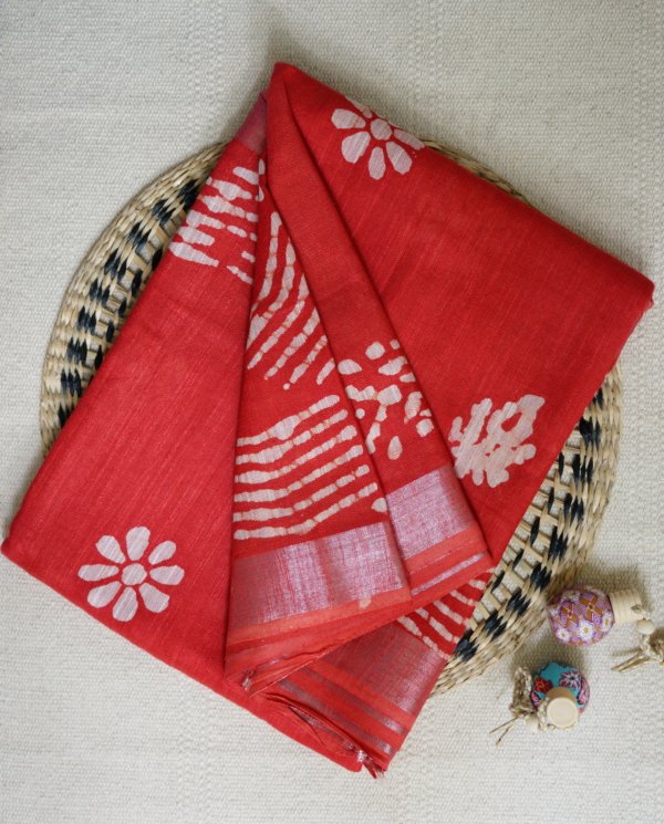 Red Linen Saree - Image 2