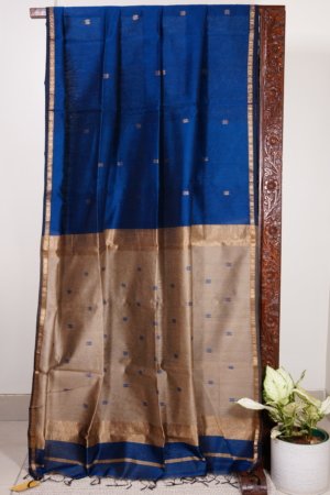 Blue Maheshwari Thin Zari Border with Butti Saree