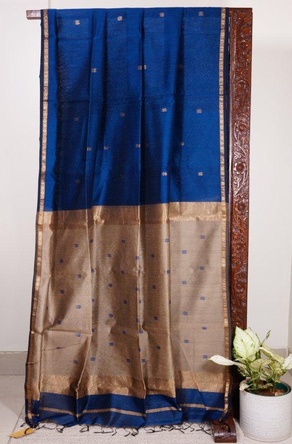 Blue Maheshwari Thin Zari Border with Butti Saree