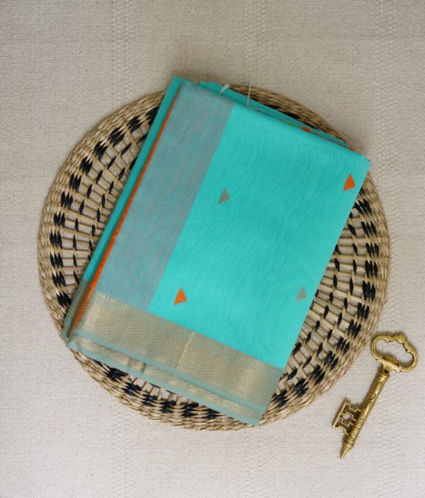 Turquoise Maheshwari Triangle Butti Saree - Image 2